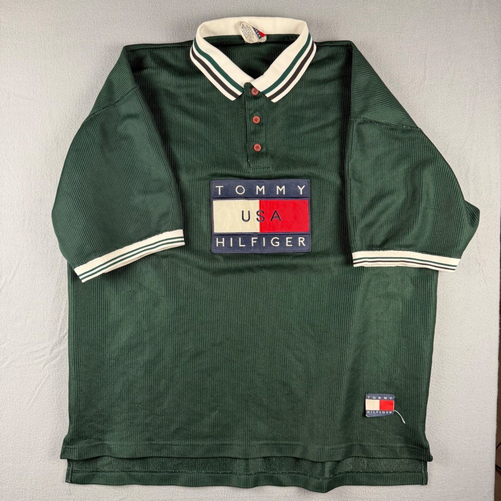 Vintage 90's Tommy Hilfiger USA Polo Shirt Mens XL Green Ribbed Cotton USA Rare